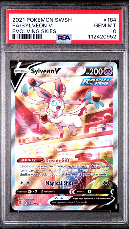 PSA 10 Sylveon V Full Art from 2021 Pokémon Evolving Skies, graded Gem Mint in a sealed PSA slab.