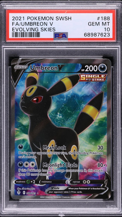 PSA 10 Umbreon V Full Art #188 from 2021 Pokémon Evolving Skies, graded Gem Mint in a sealed PSA slab.
