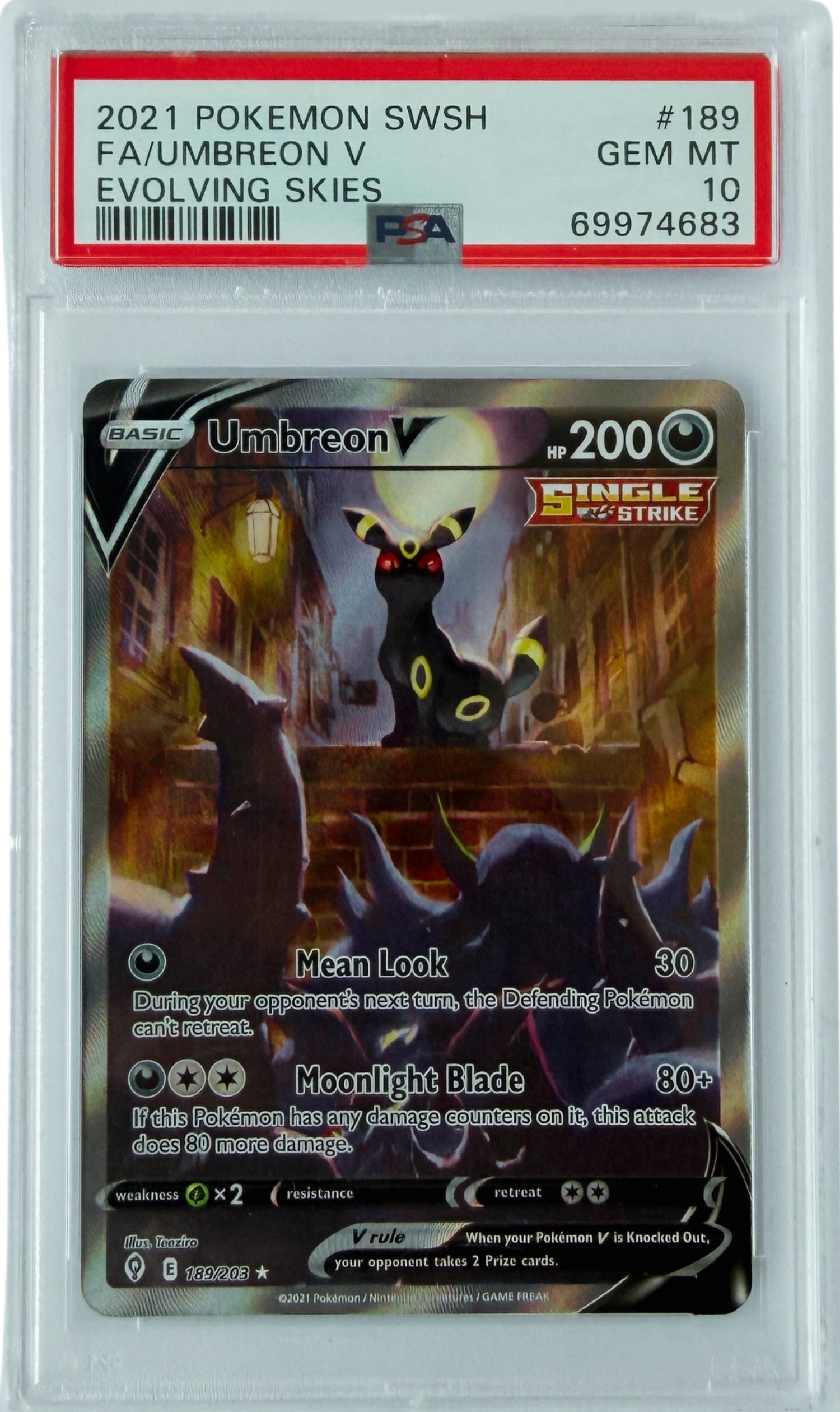 PSA 10 Umbreon V Full Art from 2021 Pokémon Evolving Skies, graded Gem Mint in a sealed PSA slab.