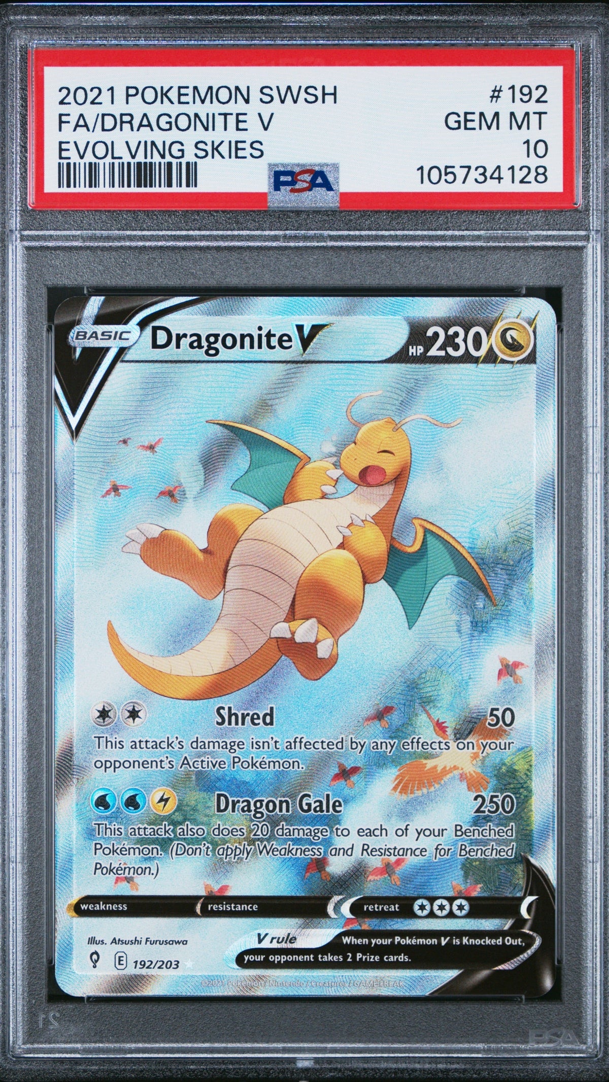 PSA 10 Dragonite V Full Art from 2021 Pokémon Evolving Skies, graded Gem Mint in a sealed PSA slab.
