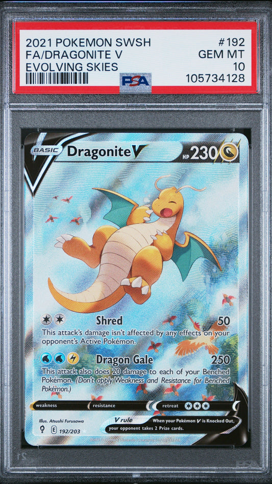 PSA 10 Dragonite V Full Art from 2021 Pokémon Evolving Skies, graded Gem Mint in a sealed PSA slab.

