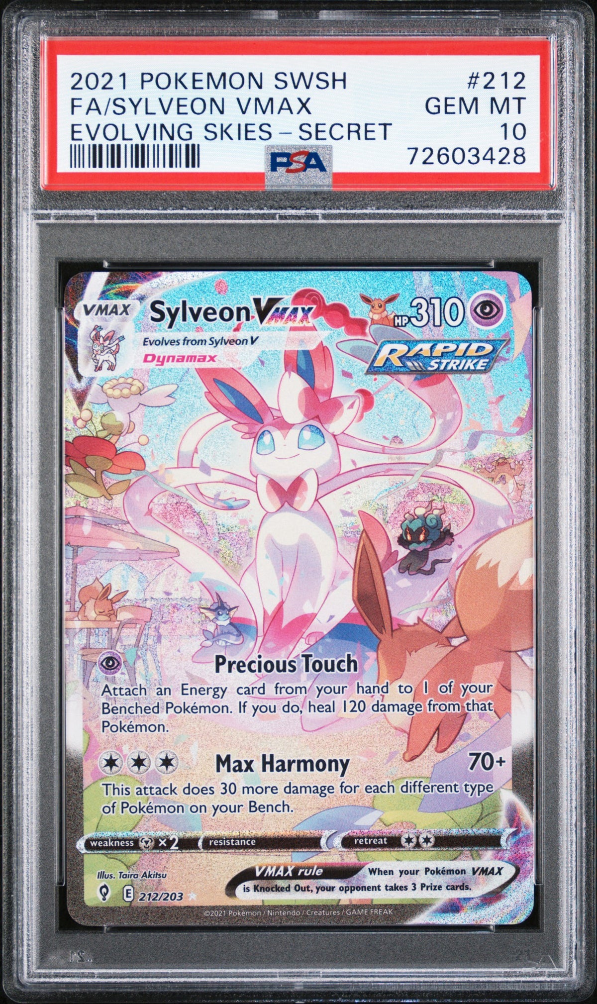 PSA 10 Sylveon VMAX Full Art Secret Rare from 2021 Pokémon Evolving Skies, graded Gem Mint in a sealed PSA slab.
