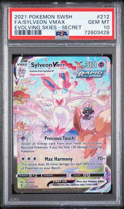 PSA 10 Sylveon VMAX Full Art Secret Rare from 2021 Pokémon Evolving Skies, graded Gem Mint in a sealed PSA slab.
