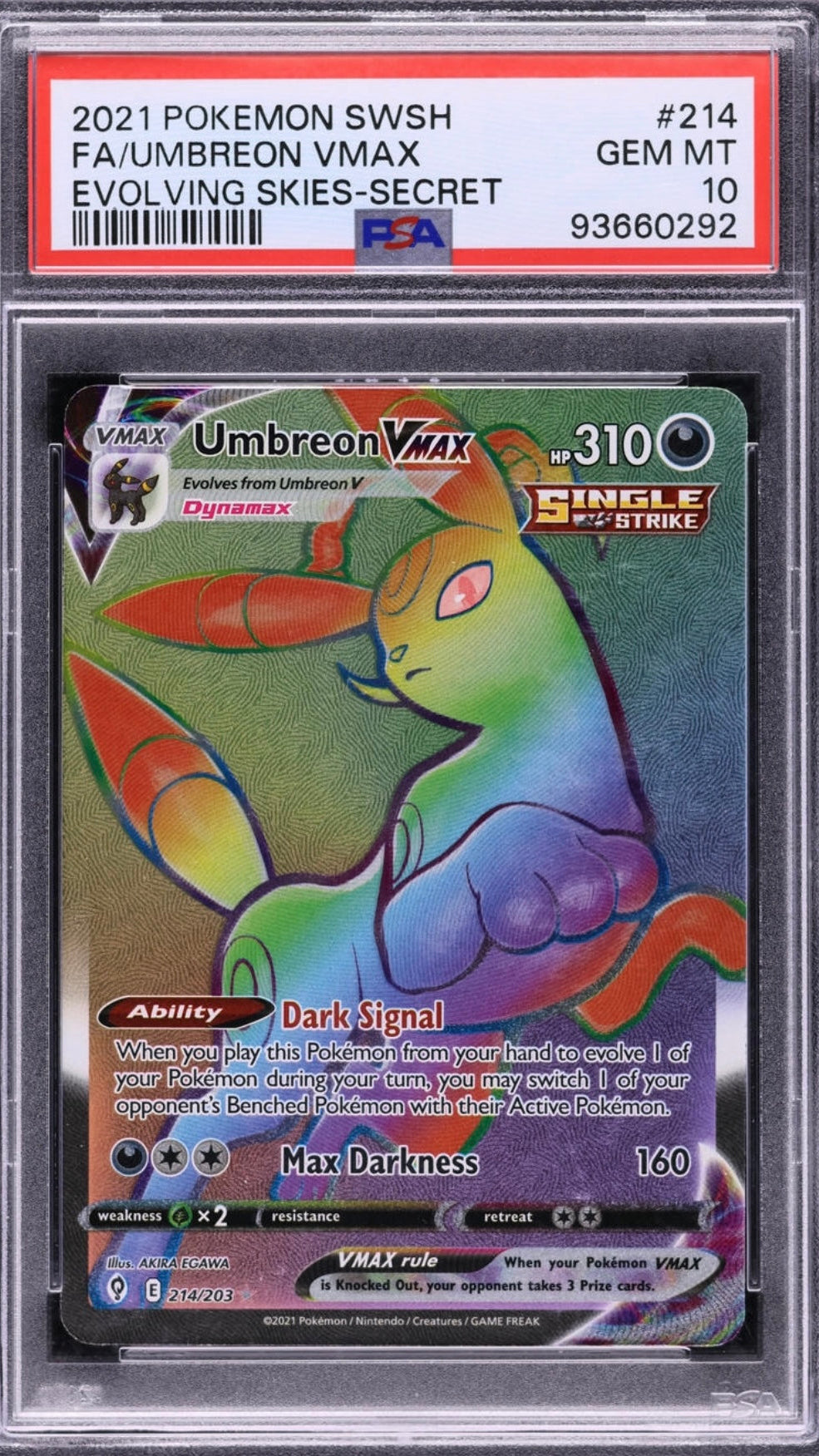PSA 10 Umbreon VMAX Full Art #214 Secret Rare from 2021 Pokémon Evolving Skies, graded Gem Mint in a sealed PSA slab.
