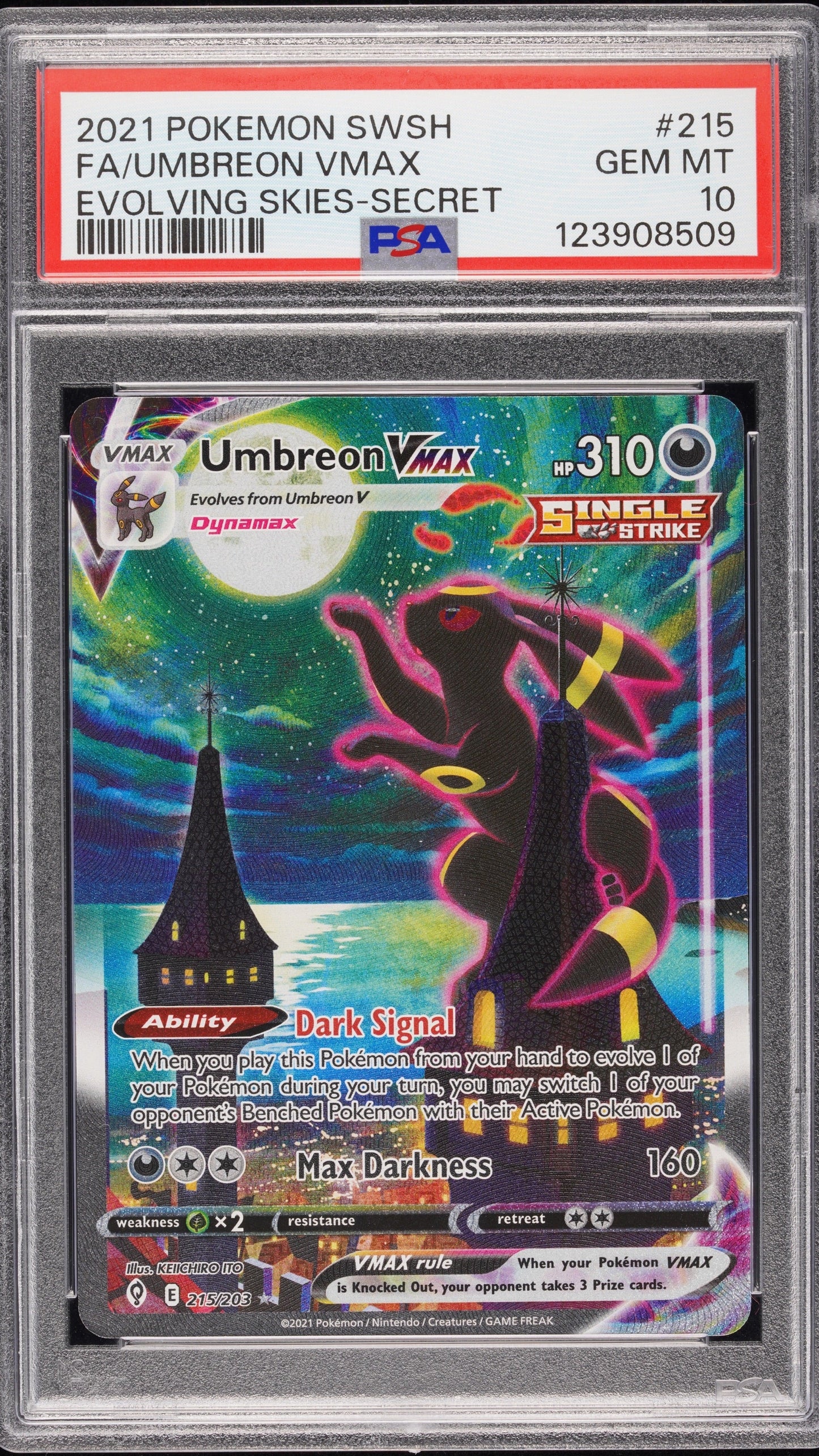2021 Pokémon Evolving Skies #215 Umbreon VMAX FA Secret PSA 10 Gem Mint
