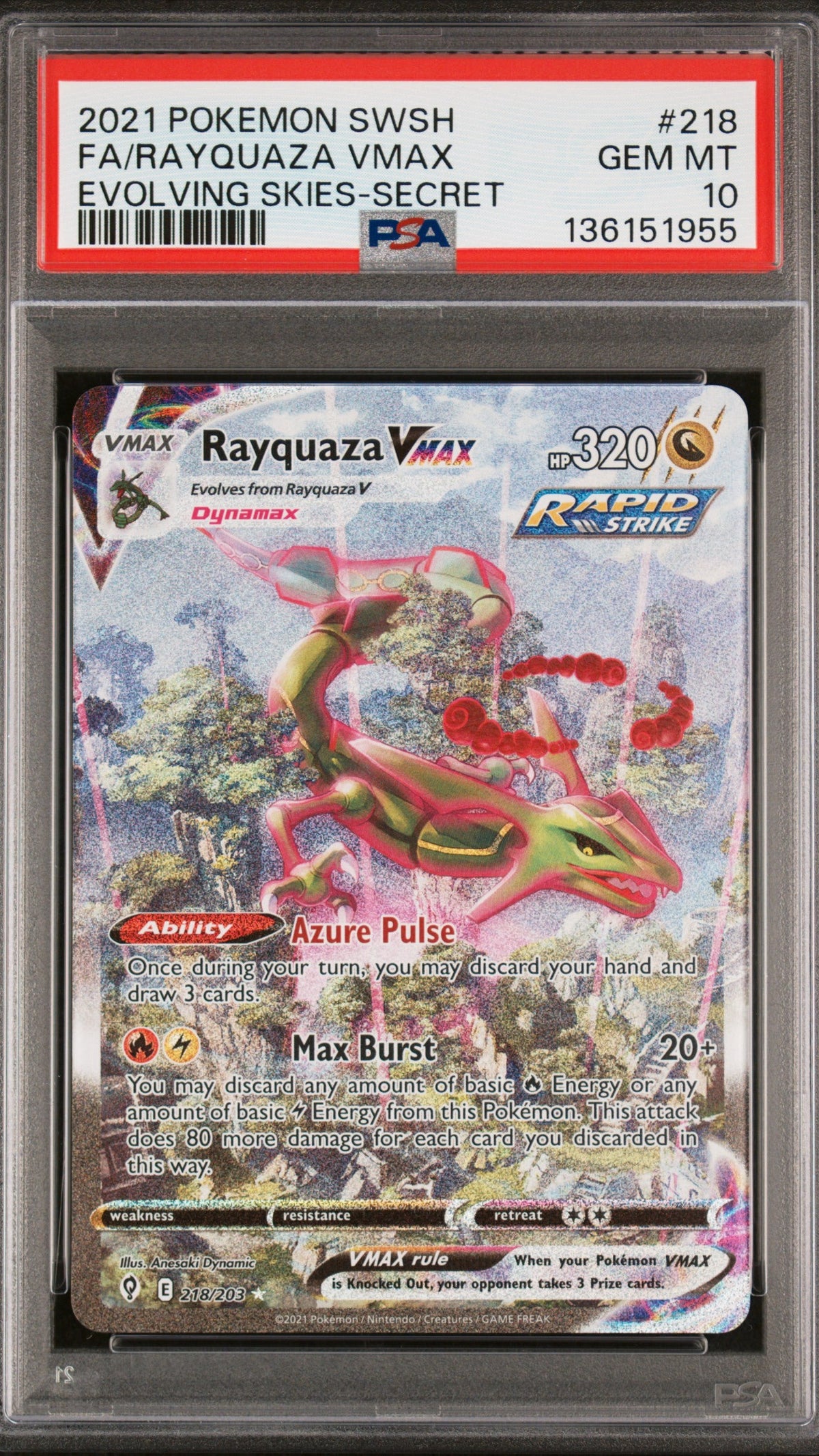 PSA 10 Rayquaza VMAX Full Art Secret Rare from 2021 Pokémon Evolving Skies, graded Gem Mint in a sealed PSA slab.
