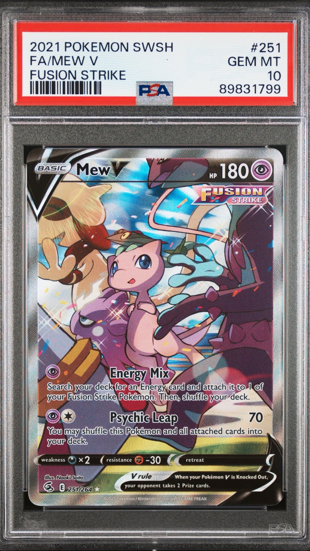 PSA 10 Mew V Full Art from 2021 Pokémon Fusion Strike, graded Gem Mint in a sealed PSA slab.

