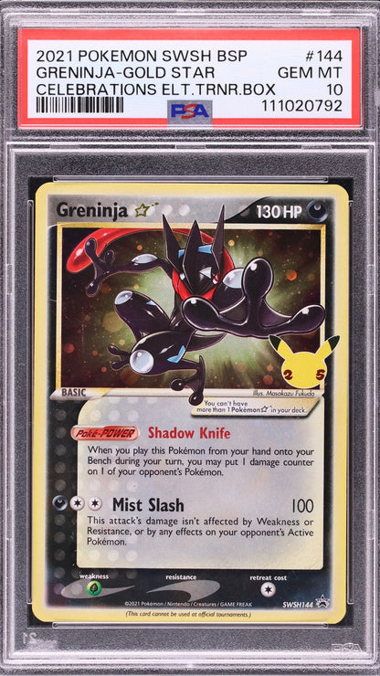 PSA 10 Greninja Gold Star from the 2021 Pokémon Celebrations Elite Trainer Box, graded Gem Mint in a sealed PSA slab.
