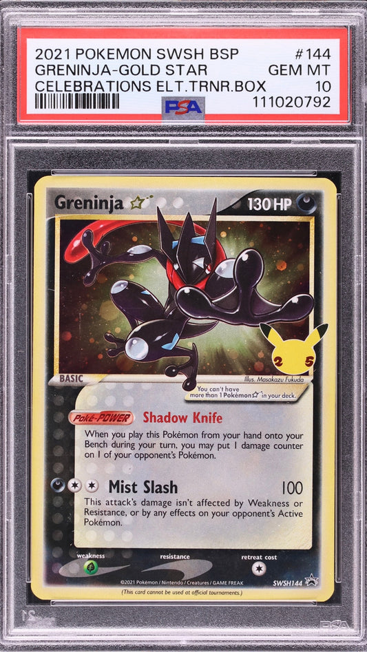 PSA 10 Greninja Gold Star from the 2021 Pokémon Celebrations Elite Trainer Box, graded Gem Mint in a sealed PSA slab.
