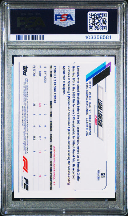 2021 TOPPS CHROME F1 FORMULA 1 #68 LIAM LAWSON ROOKIE REFRACTOR PSA 10 GEM MINT