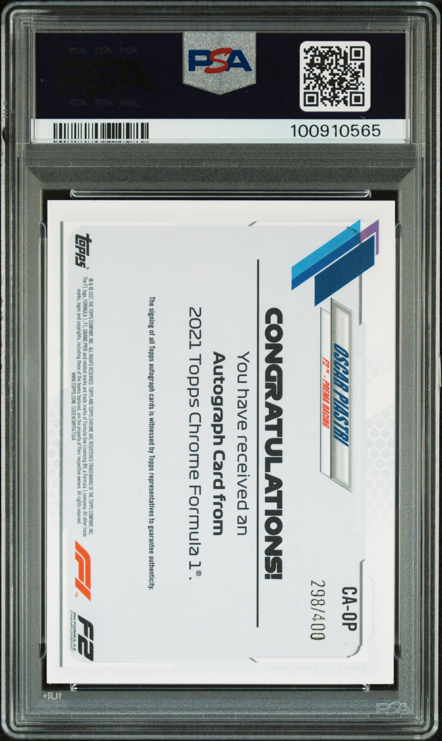 2021 TOPPS CHROME F1 FORMULA 1 AUTOGRAPHS #CAOP OSCAR PIASTRI ROOKIE AUTOGRAPHS PSA 10 GEM MINT