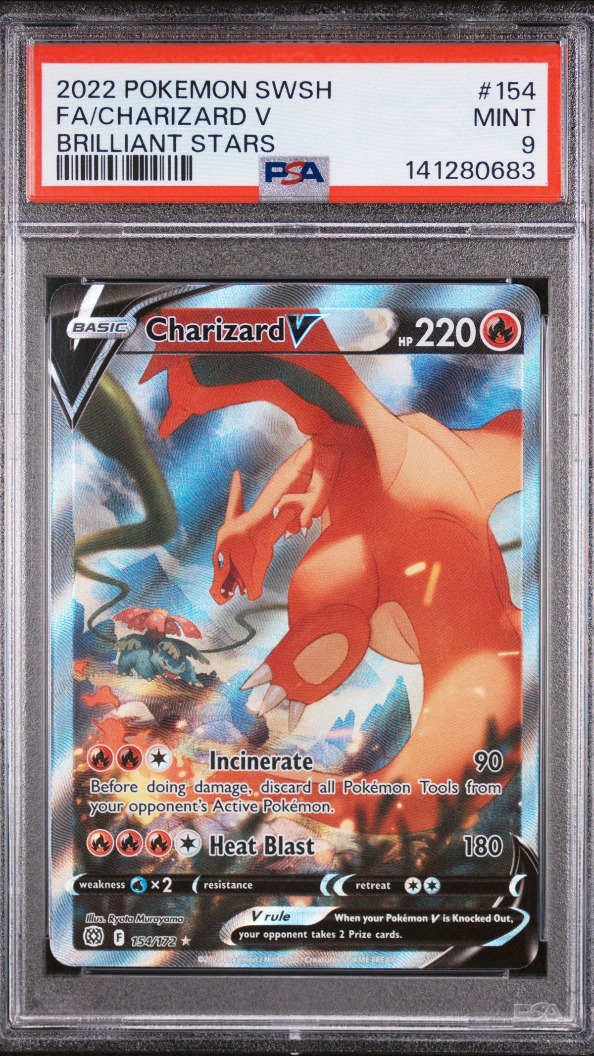 PSA 9 Charizard V Full Art from 2022 Pokémon Brilliant Stars, graded Mint in a sealed PSA slab.
