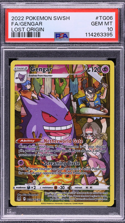 PSA 10 Gengar Full Art #TG06 from 2022 Pokémon Lost Origin, graded Gem Mint in a sealed PSA slab.
