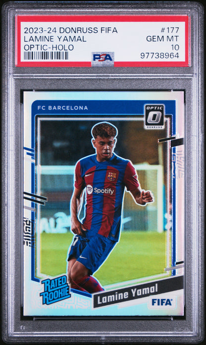 2023-24 PANINI DONRUSS FIFA #177 LAMINE YAMAL OPTIC-HOLO REFRACTOR RATED ROOKIE PSA 10 GEM MINT
