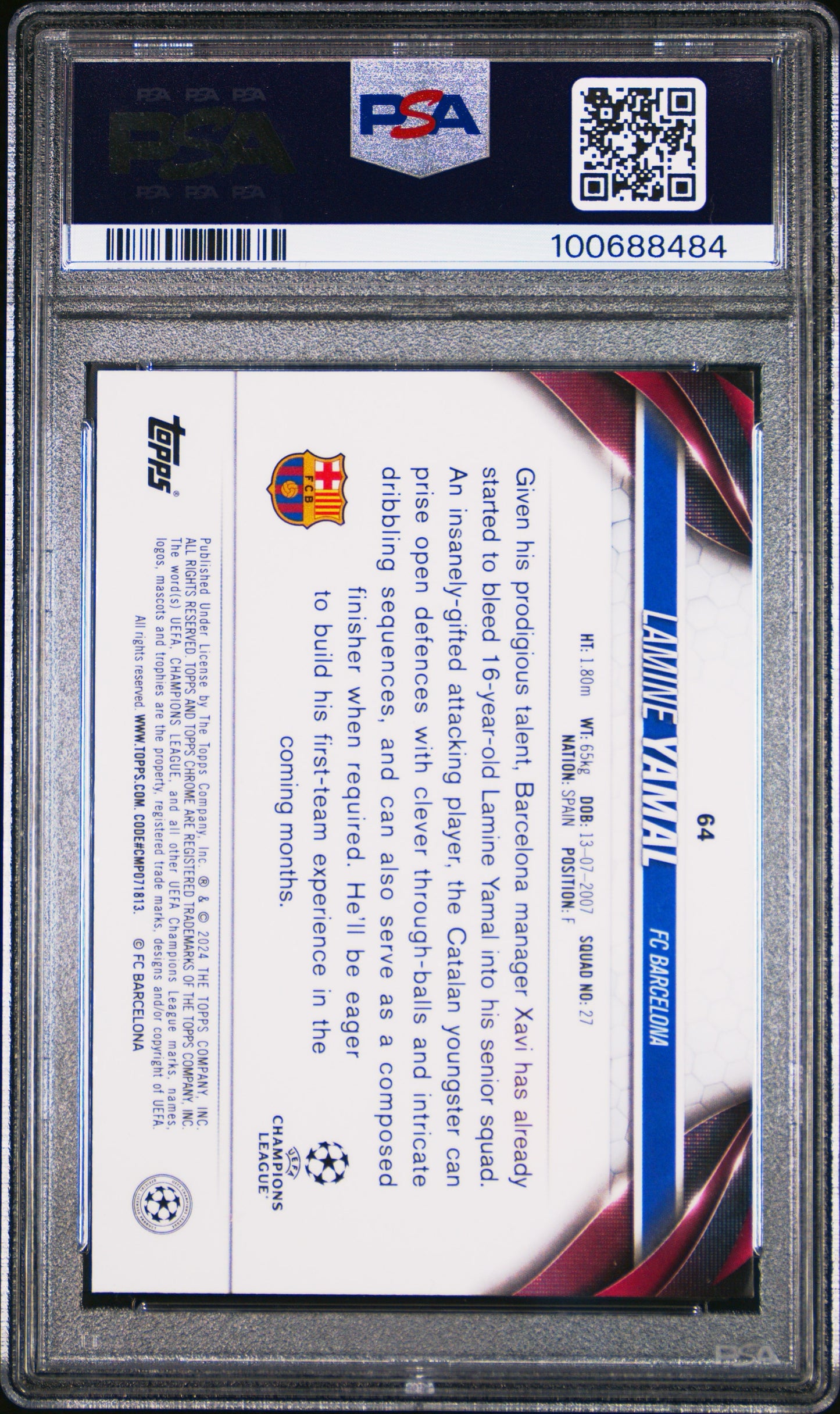 2023-24 TOPPS CHROME SAPPHIRE EDITION UEFA CLUB COMPETITIONS #64 LAMINE YAMAL ROOKIE PSA 10 GEM MINT - 2