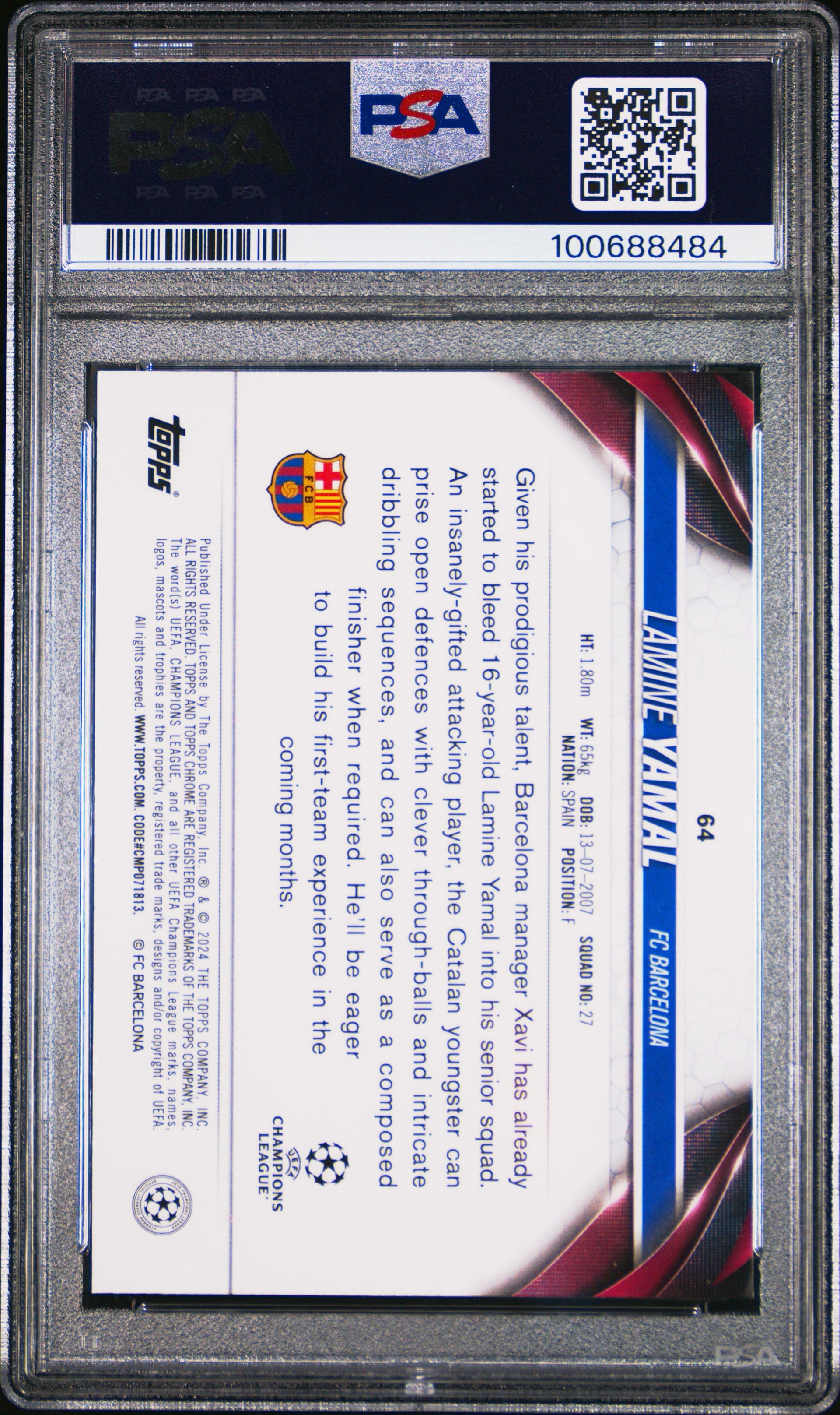 2023-24 TOPPS CHROME SAPPHIRE EDITION UEFA CLUB COMPETITIONS #64 LAMINE YAMAL ROOKIE PSA 10 GEM MINT - 2