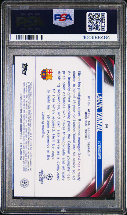 2023-24 TOPPS CHROME SAPPHIRE EDITION UEFA CLUB COMPETITIONS #64 LAMINE YAMAL ROOKIE PSA 10 GEM MINT - 2