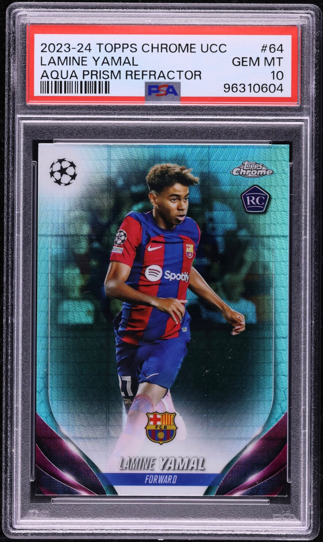 2023-24 TOPPS CHROME UEFA CLUB COMPETITIONS #64 LAMINE YAMAL ROOKIE AQUA PRISM REFRACTOR PSA 10 GEM MINT