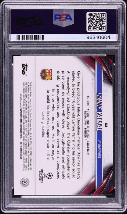 2023-24 TOPPS CHROME UEFA CLUB COMPETITIONS #64 LAMINE YAMAL ROOKIE AQUA PRISM REFRACTOR PSA 10 GEM MINT