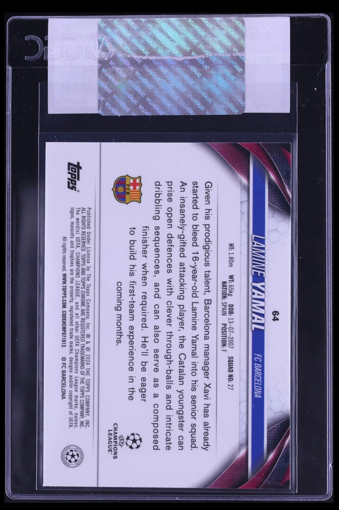 2023-24 TOPPS CHROME UEFA CLUB COMPETITIONS #64 LAMINE YAMAL ROOKIE CGC CERTIFIED AUTHENTICITY (Serial 042) - 2