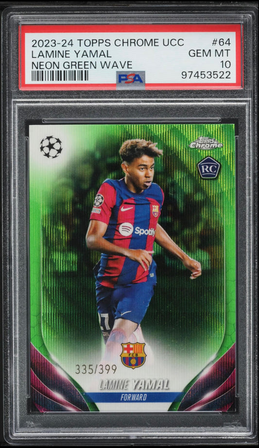2023-24 TOPPS CHROME UEFA CLUB COMPETITIONS #64 LAMINE YAMAL ROOKIE NEON GREEN WAVE REFRACTOR /399 PSA 10 GEM MINT