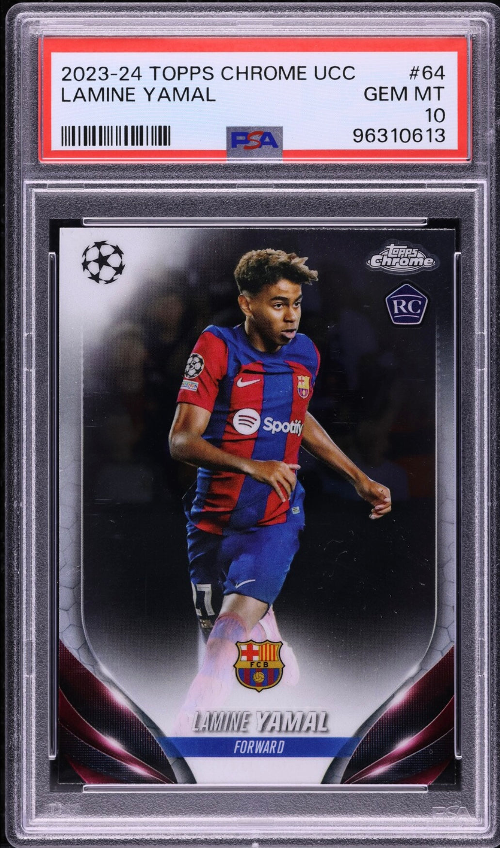 2023-24 TOPPS CHROME UEFA CLUB COMPETITIONS #64 LAMINE YAMAL ROOKIE PSA 10 GEM MINT (Serial 613)