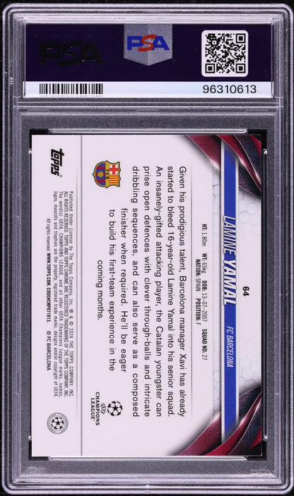 2023-24 TOPPS CHROME UEFA CLUB COMPETITIONS #64 LAMINE YAMAL ROOKIE PSA 10 GEM MINT (Serial 613)