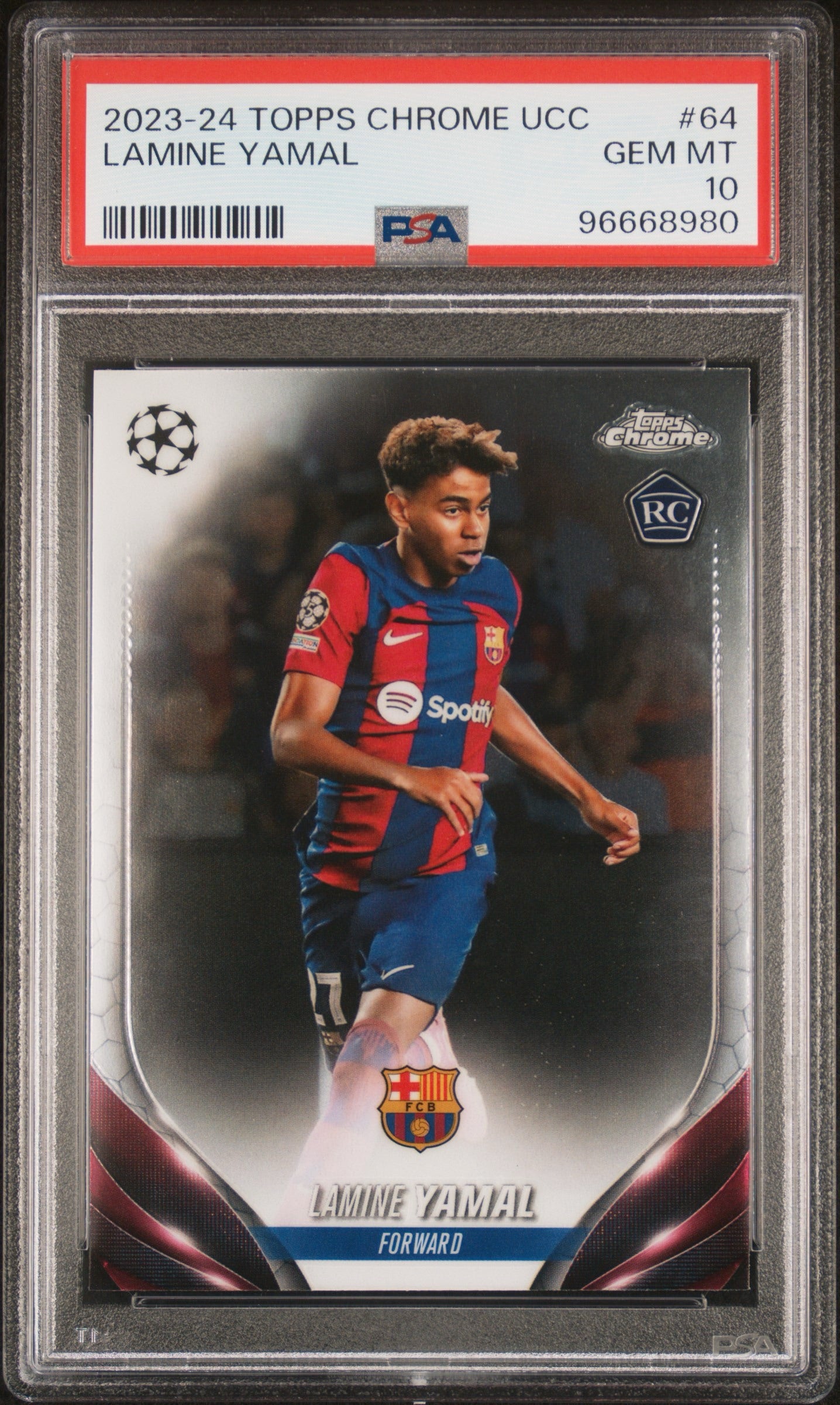 2023-24 TOPPS CHROME UEFA CLUB COMPETITIONS #64 LAMINE YAMAL ROOKIE PSA 10 GEM MINT (Serial 980)