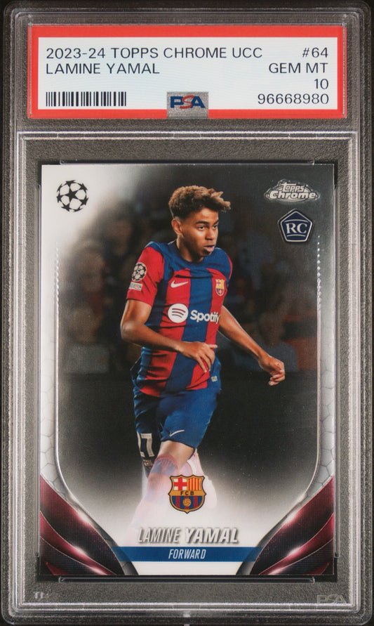 2023-24 TOPPS CHROME UEFA CLUB COMPETITIONS #64 LAMINE YAMAL ROOKIE PSA 10 GEM MINT (Serial 980)