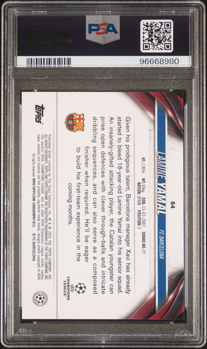 2023-24 TOPPS CHROME UEFA CLUB COMPETITIONS #64 LAMINE YAMAL ROOKIE PSA 10 GEM MINT (Serial 980) - 2