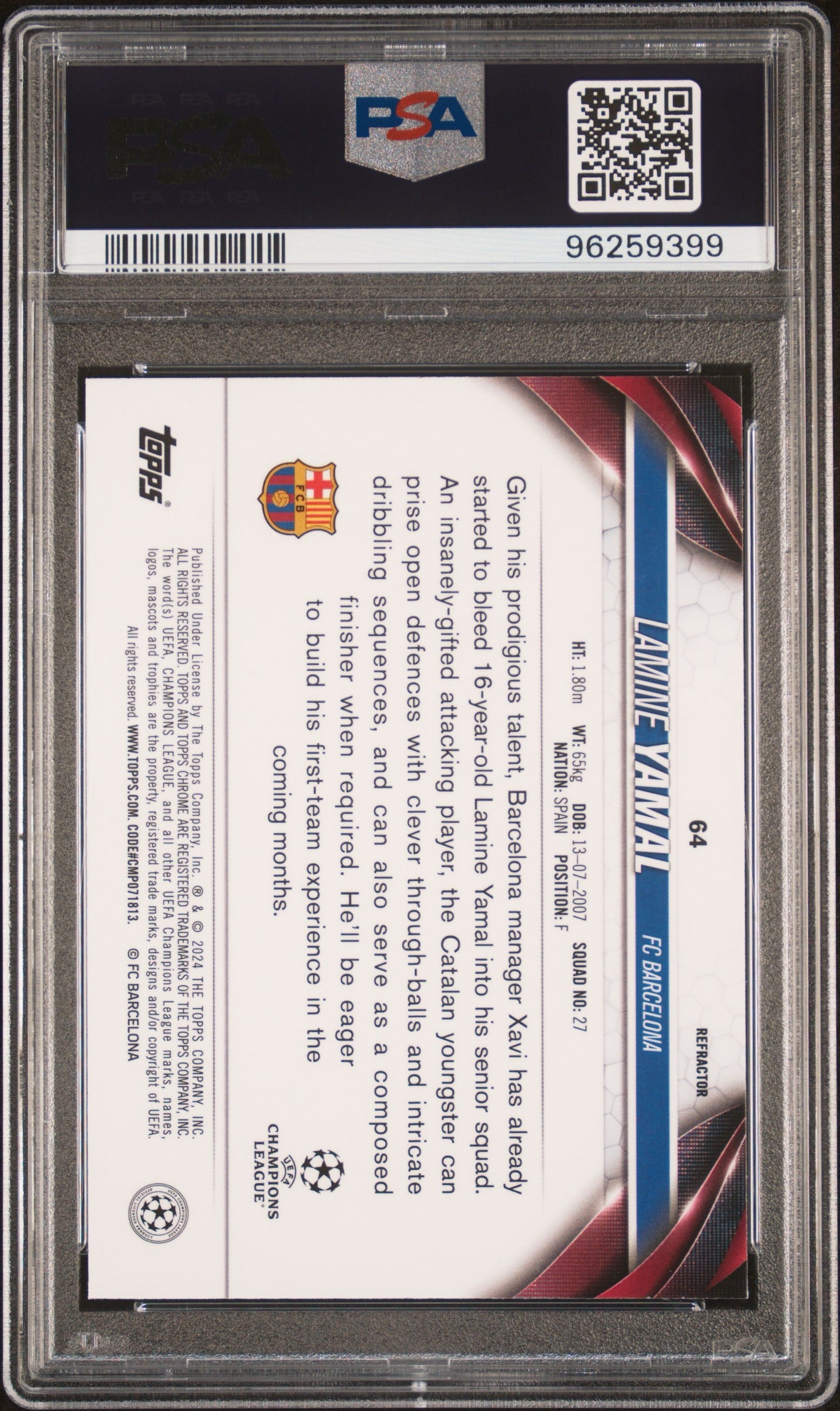 2023-24 TOPPS CHROME UEFA CLUB COMPETITIONS #64 LAMINE YAMAL ROOKIE REFRACTOR PSA 10 GEM MINT (Serial 399) - 2