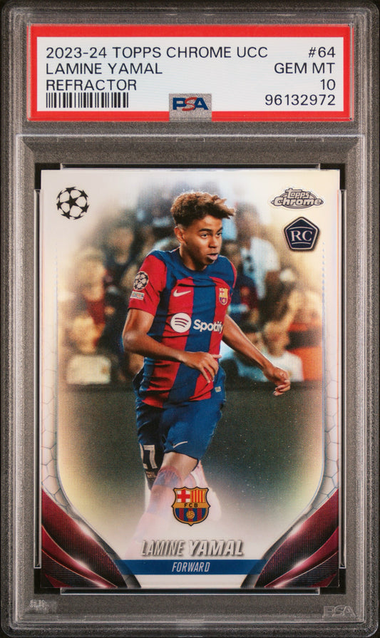 2023-24 TOPPS CHROME UEFA CLUB COMPETITIONS #64 LAMINE YAMAL ROOKIE REFRACTOR PSA 10 GEM MINT (Serial 972)