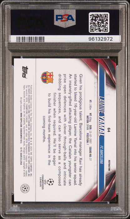 2023-24 TOPPS CHROME UEFA CLUB COMPETITIONS #64 LAMINE YAMAL ROOKIE REFRACTOR PSA 10 GEM MINT (Serial 972) - 2