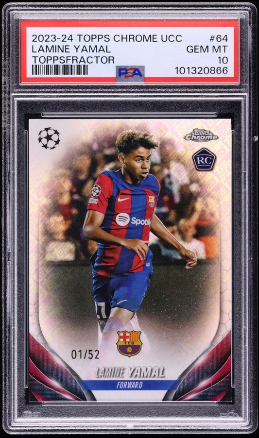 2023-24 TOPPS CHROME UEFA CLUB COMPETITIONS #64 LAMINE YAMAL ROOKIE TOPPSFRACTOR /52 PSA 10 GEM MINT