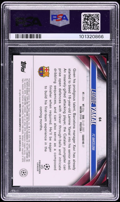 2023-24 TOPPS CHROME UEFA CLUB COMPETITIONS #64 LAMINE YAMAL ROOKIE TOPPSFRACTOR /52 PSA 10 GEM MINT - 2