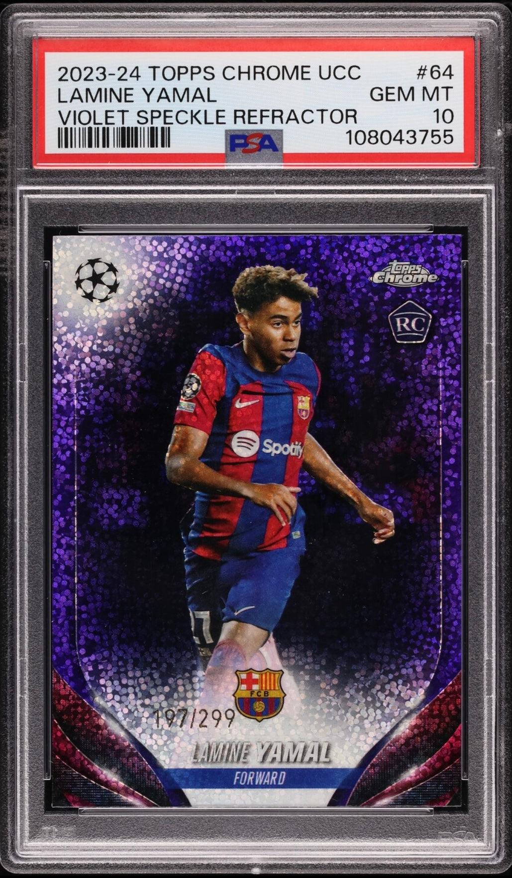 2023-24 TOPPS CHROME UEFA CLUB COMPETITIONS #64 LAMINE YAMAL ROOKIE VIOLET SPECKLE REFRACTOR /299 PSA 10 GEM MINT
