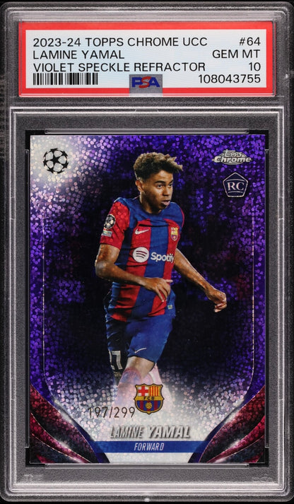 2023-24 TOPPS CHROME UEFA CLUB COMPETITIONS #64 LAMINE YAMAL ROOKIE VIOLET SPECKLE REFRACTOR /299 PSA 10 GEM MINT