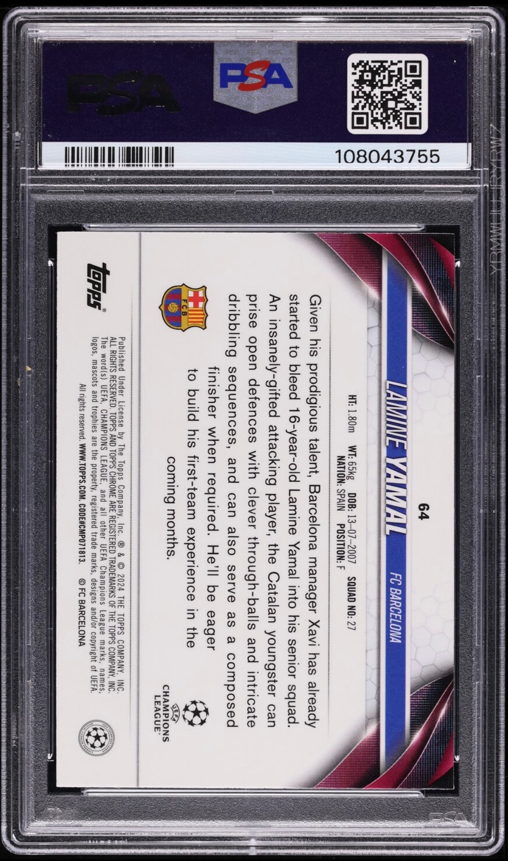 2023-24 TOPPS CHROME UEFA CLUB COMPETITIONS #64 LAMINE YAMAL ROOKIE VIOLET SPECKLE REFRACTOR /299 PSA 10 GEM MINT - 2
