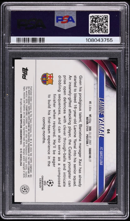 2023-24 TOPPS CHROME UEFA CLUB COMPETITIONS #64 LAMINE YAMAL ROOKIE VIOLET SPECKLE REFRACTOR /299 PSA 10 GEM MINT - 2