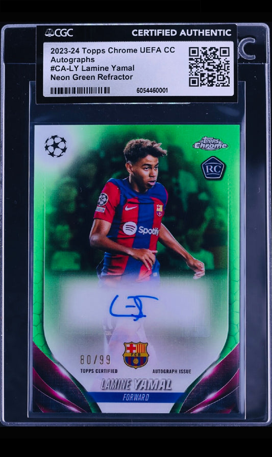 2023-24 TOPPS CHROME UEFA CLUB LAMINE YAMAL COMPETITIONS ROOKIE AUTO NEON GREEN REFRACTOR /99 CGC CERTIFIED AUTHENTICITY