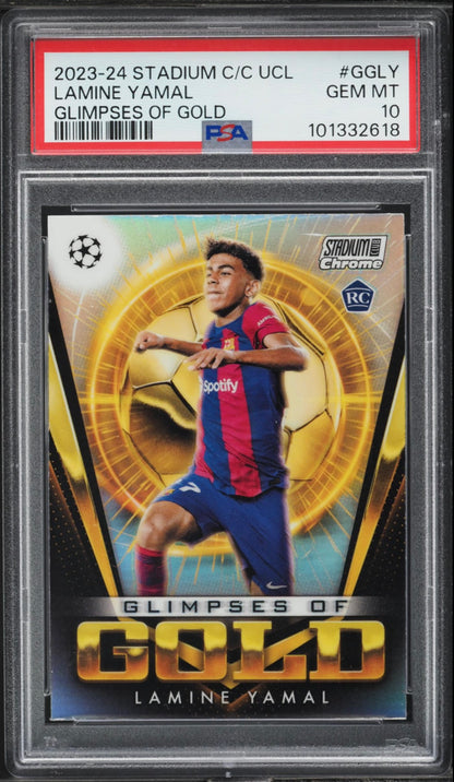 2023-24 TOPPS STADIUM CLUB CHROME UEFA CLUB COMPETITIONS GLIMPSES OF GOLD #GGLY LAMINE YAMAL ROOKIE PSA 10 GEM MINT