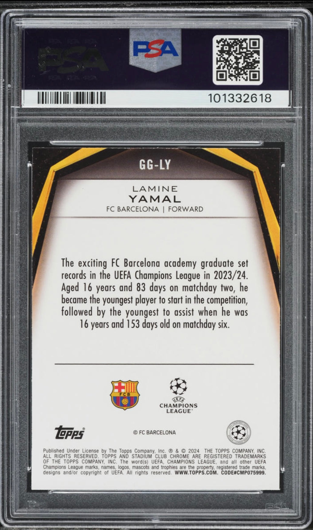 2023-24 TOPPS STADIUM CLUB CHROME UEFA CLUB COMPETITIONS GLIMPSES OF GOLD #GGLY LAMINE YAMAL ROOKIE PSA 10 GEM MINT - 2