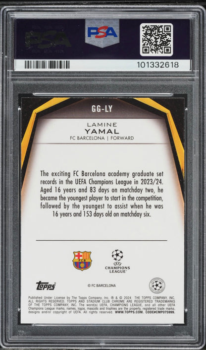 2023-24 TOPPS STADIUM CLUB CHROME UEFA CLUB COMPETITIONS GLIMPSES OF GOLD #GGLY LAMINE YAMAL ROOKIE PSA 10 GEM MINT - 2