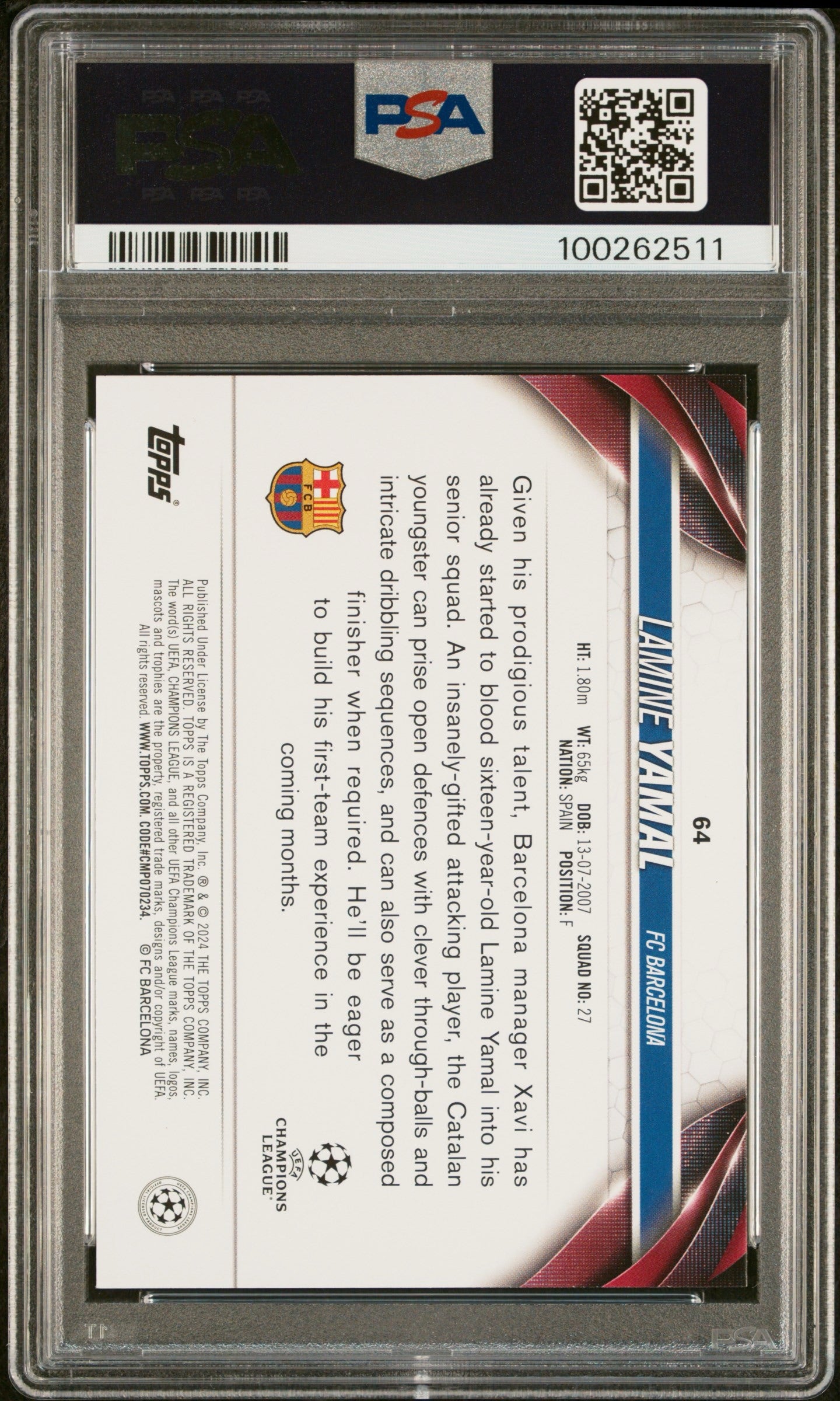 2023-24 TOPPS UEFA CLUB COMPETITIONS #64 LAMINE YAMAL ROOKIE PSA 10 GEM MINT (Serial 511) - 2