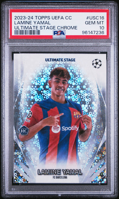 2023-24 TOPPS UEFA CLUB COMPETITIONS ULTIMATE STAGE CHROME #USC16 LAMINE YAMAL ROOKIE PSA 10 GEM MINT