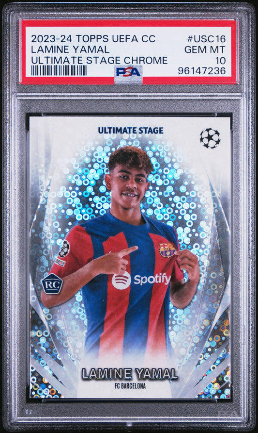2023-24 TOPPS UEFA CLUB COMPETITIONS ULTIMATE STAGE CHROME #USC16 LAMINE YAMAL ROOKIE PSA 10 GEM MINT