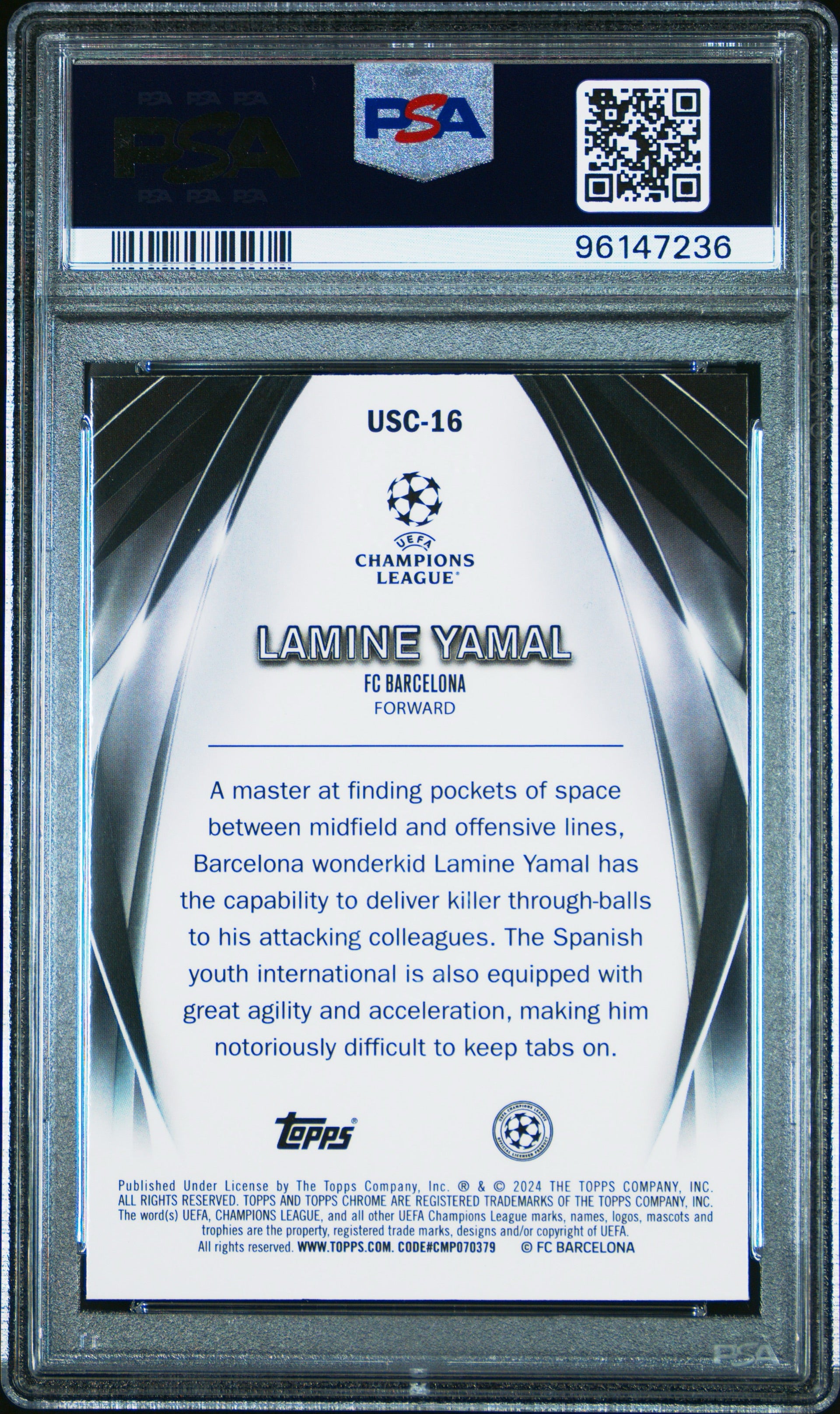 2023-24 TOPPS UEFA CLUB COMPETITIONS ULTIMATE STAGE CHROME #USC16 LAMINE YAMAL ROOKIE PSA 10 GEM MINT - 2