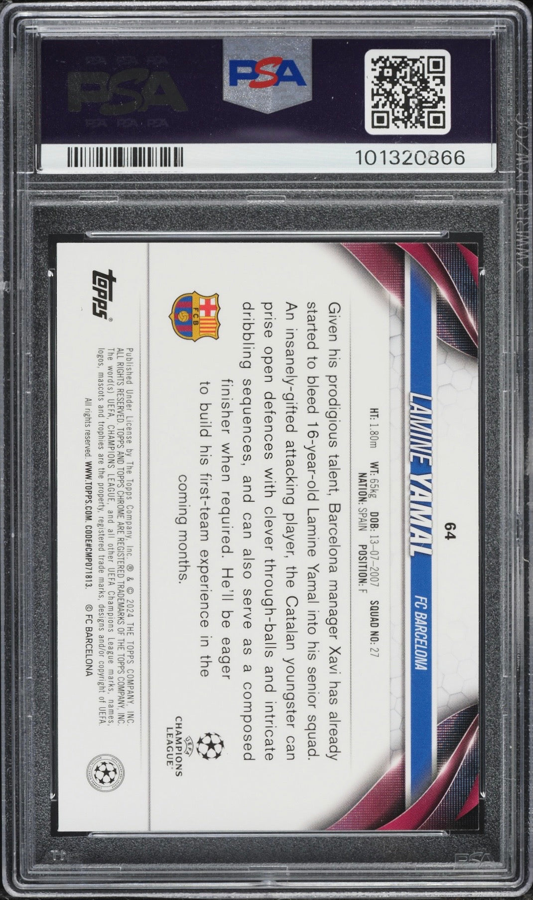 2023-24 Topps Chrome UEFA  Club Competitions #64 Lamine Yamal Rookie Toppsfractor #01/52 PSA 10 Gem Mint