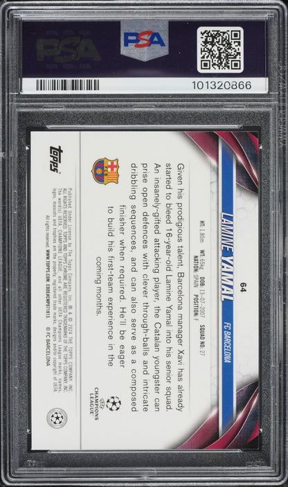 2023-24 Topps Chrome UEFA  Club Competitions #64 Lamine Yamal Rookie Toppsfractor #01/52 PSA 10 Gem Mint