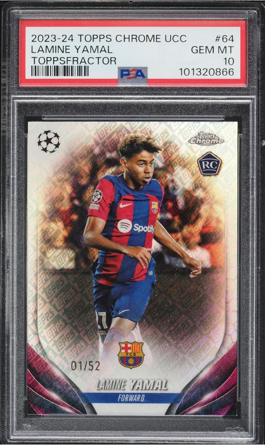 2023-24 Topps Chrome UEFA  Club Competitions #64 Lamine Yamal Rookie Toppsfractor #01/52 PSA 10 Gem Mint